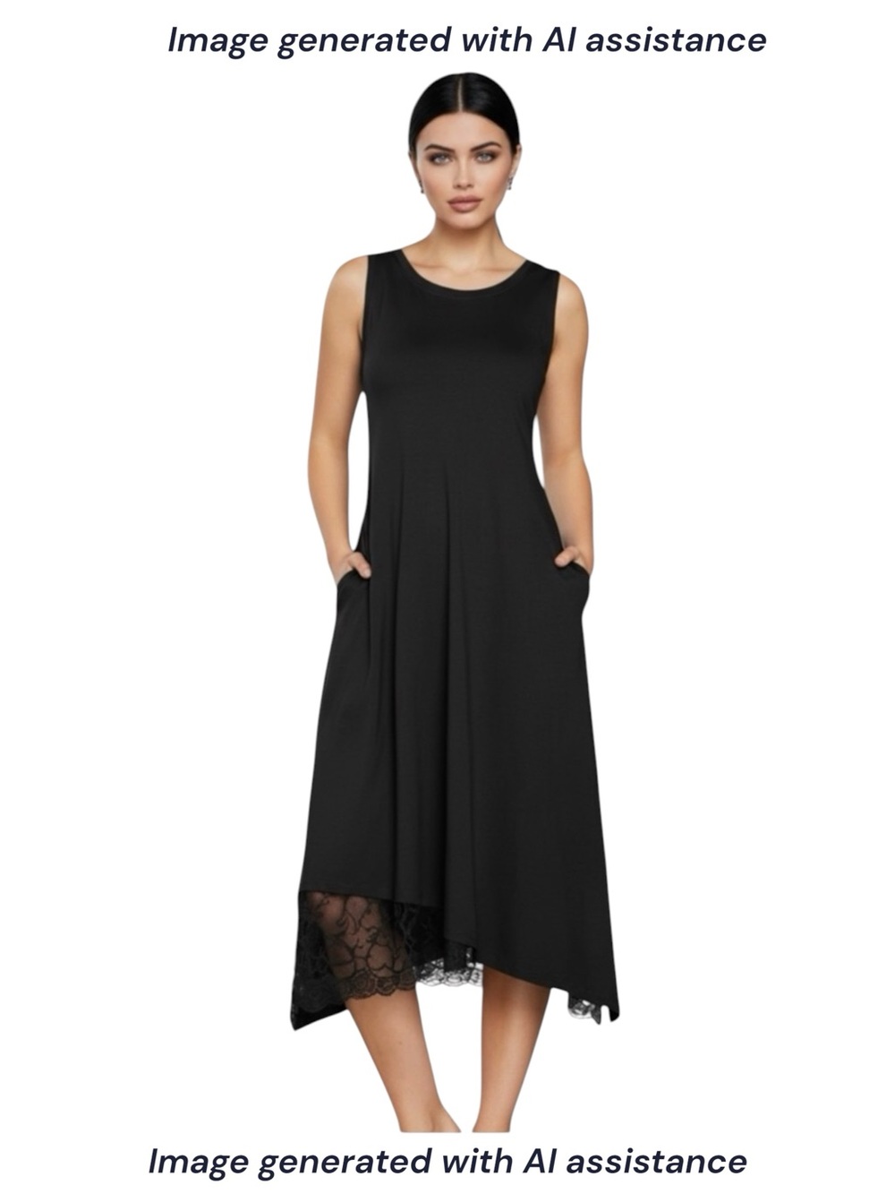 LOGO by Lori Goldstein M black asymmetrical lace hem tank midi dress